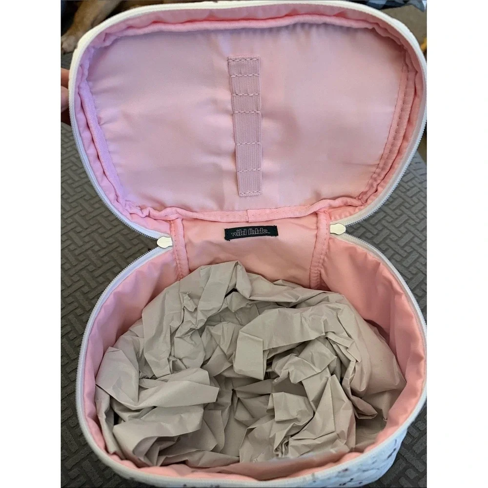Quilted Cream Floral Cosmetic Case with Ribbon Zipper Pulls